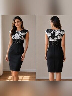 Joseph Ribkoff Black White Rose Print Lace Sheath Dress Size Small
